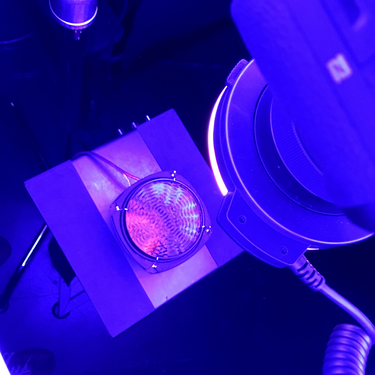 A view down from the camera and ring lights